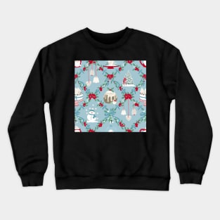 Repeat Pattern of Vintage Christmas Treats on Pale Blue Crewneck Sweatshirt